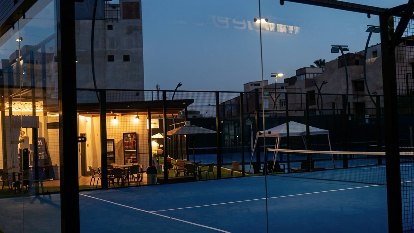Evening padel club viewed through glass before play
